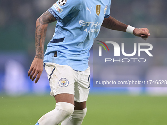 Savinho of Manchester City plays during the UEFA Champions League match between Sporting CP and Manchester City at Jose Alvalade Stadium in...