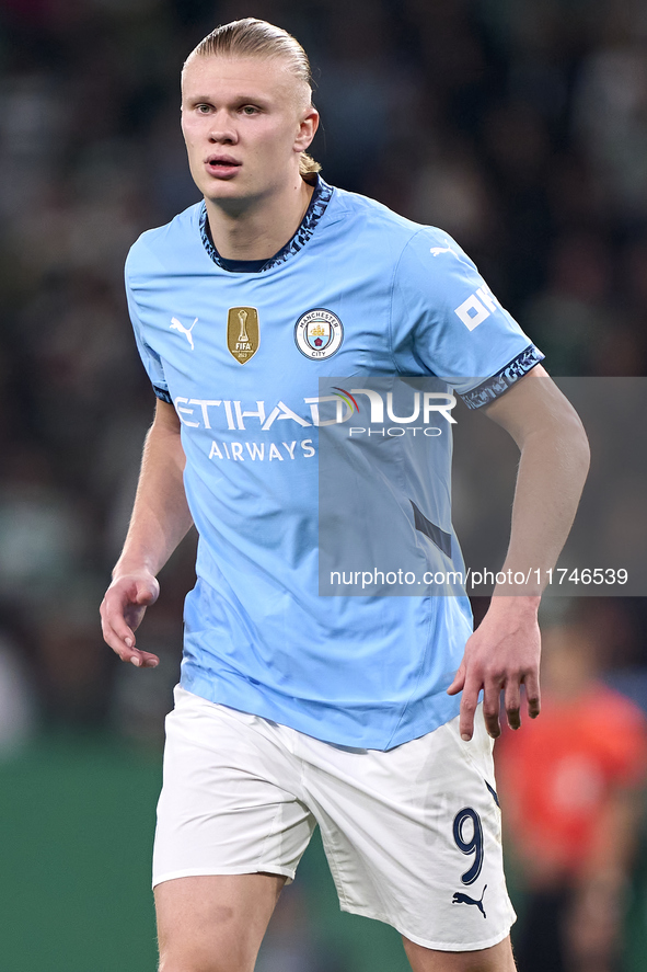 Erling Haaland of Manchester City looks on during the UEFA Champions League match between Sporting CP and Manchester City at Jose Alvalade S...