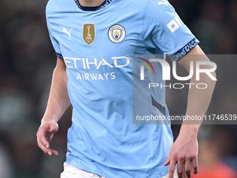 Erling Haaland of Manchester City looks on during the UEFA Champions League match between Sporting CP and Manchester City at Jose Alvalade S...