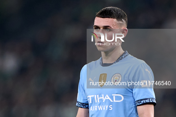 Phil Foden of Manchester City looks on during the UEFA Champions League match between Sporting CP and Manchester City at Jose Alvalade Stadi...