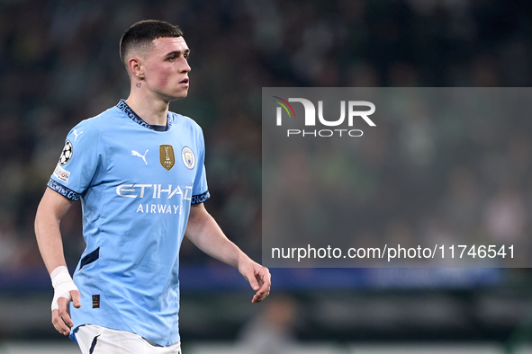 Phil Foden of Manchester City looks on during the UEFA Champions League match between Sporting CP and Manchester City at Jose Alvalade Stadi...