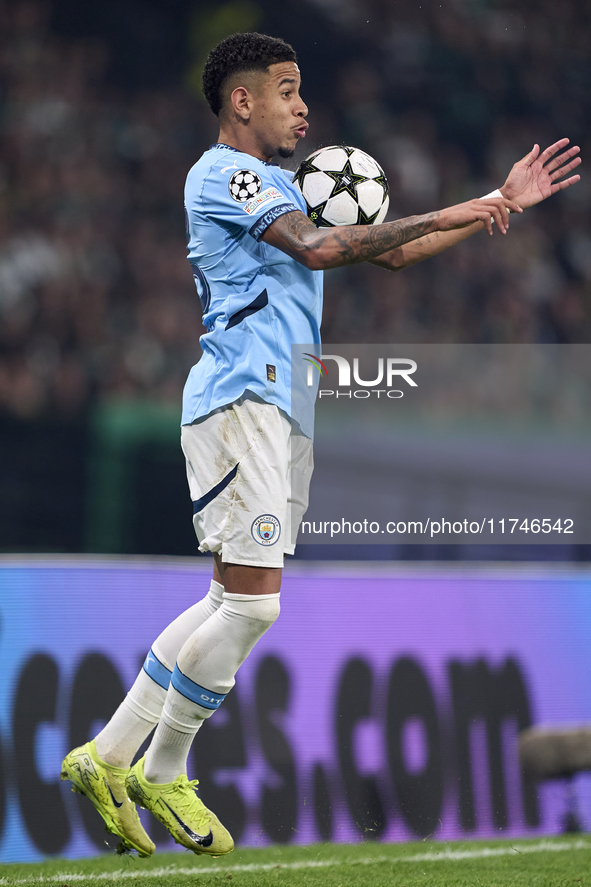 Savinho of Manchester City controls the ball during the UEFA Champions League match between Sporting CP and Manchester City at Jose Alvalade...