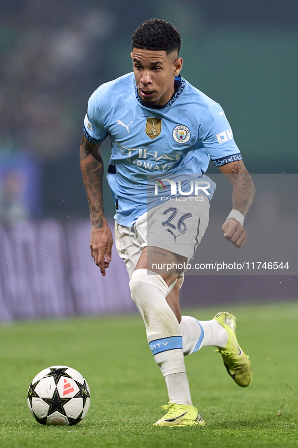 Savinho of Manchester City plays during the UEFA Champions League match between Sporting CP and Manchester City at Jose Alvalade Stadium in...