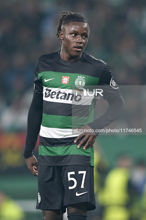 Geovany Quenda of Sporting CP looks on during the UEFA Champions League match between Sporting CP and Manchester City at Jose Alvalade Stadi...