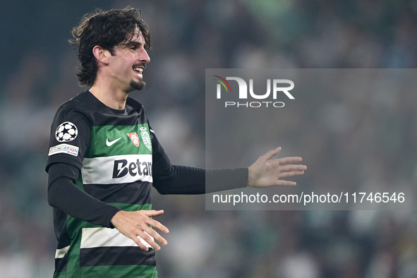 Francisco Trincao of Sporting CP reacts during the UEFA Champions League match between Sporting CP and Manchester City at Jose Alvalade Stad...