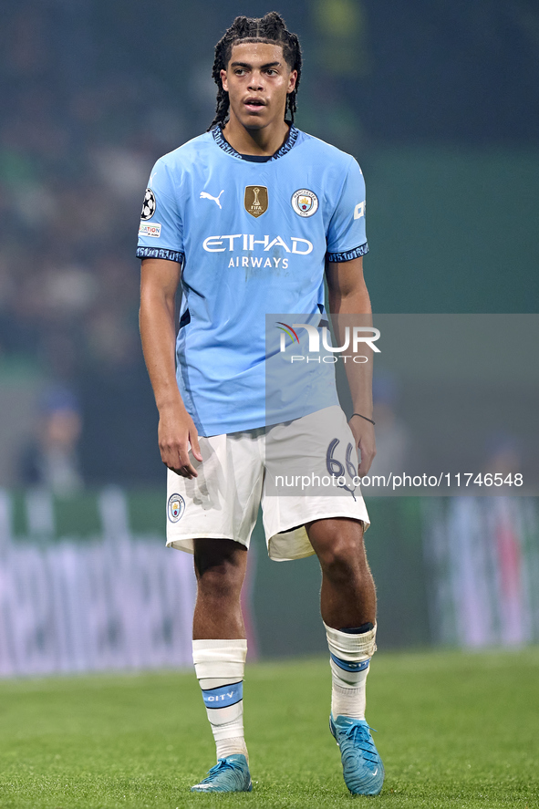 Jahmai Simpson-Pusey of Manchester City looks on during the UEFA Champions League match between Sporting CP and Manchester City at Jose Alva...