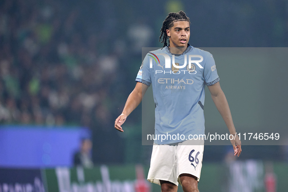 Jahmai Simpson-Pusey of Manchester City looks on during the UEFA Champions League match between Sporting CP and Manchester City at Jose Alva...