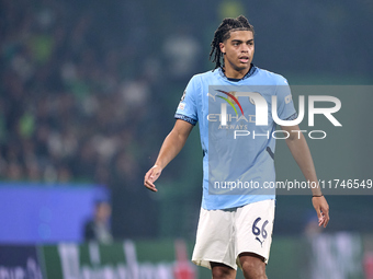 Jahmai Simpson-Pusey of Manchester City looks on during the UEFA Champions League match between Sporting CP and Manchester City at Jose Alva...