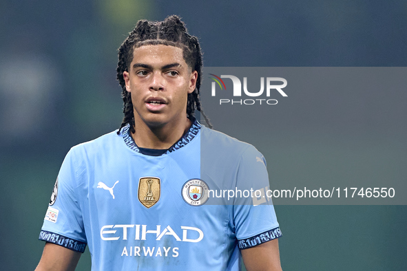 Jahmai Simpson-Pusey of Manchester City looks on during the UEFA Champions League match between Sporting CP and Manchester City at Jose Alva...