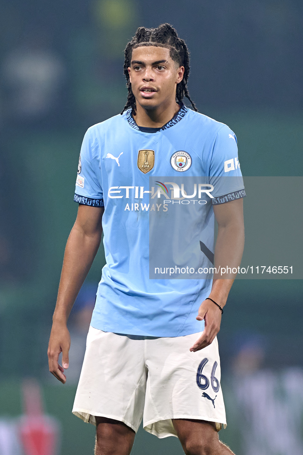 Jahmai Simpson-Pusey of Manchester City looks on during the UEFA Champions League match between Sporting CP and Manchester City at Jose Alva...