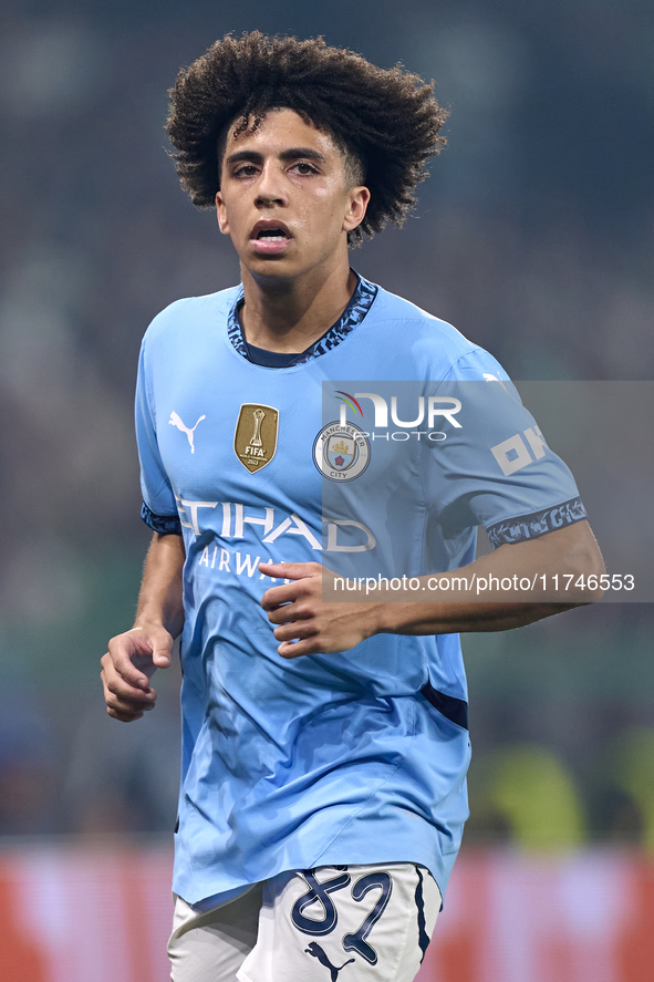 Rico Lewis of Manchester City looks on during the UEFA Champions League match between Sporting CP and Manchester City at Jose Alvalade Stadi...