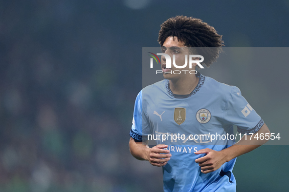 Rico Lewis of Manchester City looks on during the UEFA Champions League match between Sporting CP and Manchester City at Jose Alvalade Stadi...