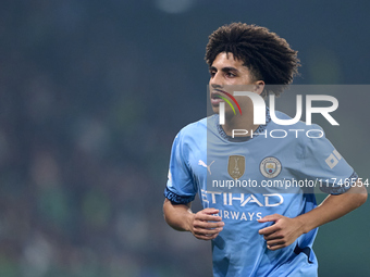 Rico Lewis of Manchester City looks on during the UEFA Champions League match between Sporting CP and Manchester City at Jose Alvalade Stadi...