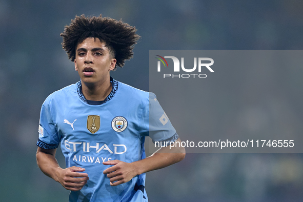 Rico Lewis of Manchester City looks on during the UEFA Champions League match between Sporting CP and Manchester City at Jose Alvalade Stadi...