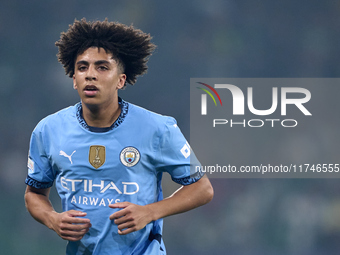 Rico Lewis of Manchester City looks on during the UEFA Champions League match between Sporting CP and Manchester City at Jose Alvalade Stadi...