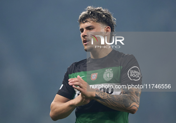 Maxi Araujo of Sporting CP reacts during the UEFA Champions League match between Sporting CP and Manchester City at Jose Alvalade Stadium in...