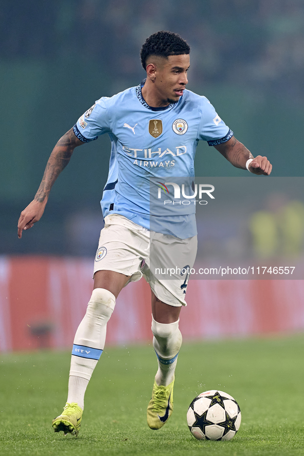 Savinho of Manchester City plays during the UEFA Champions League match between Sporting CP and Manchester City at Jose Alvalade Stadium in...