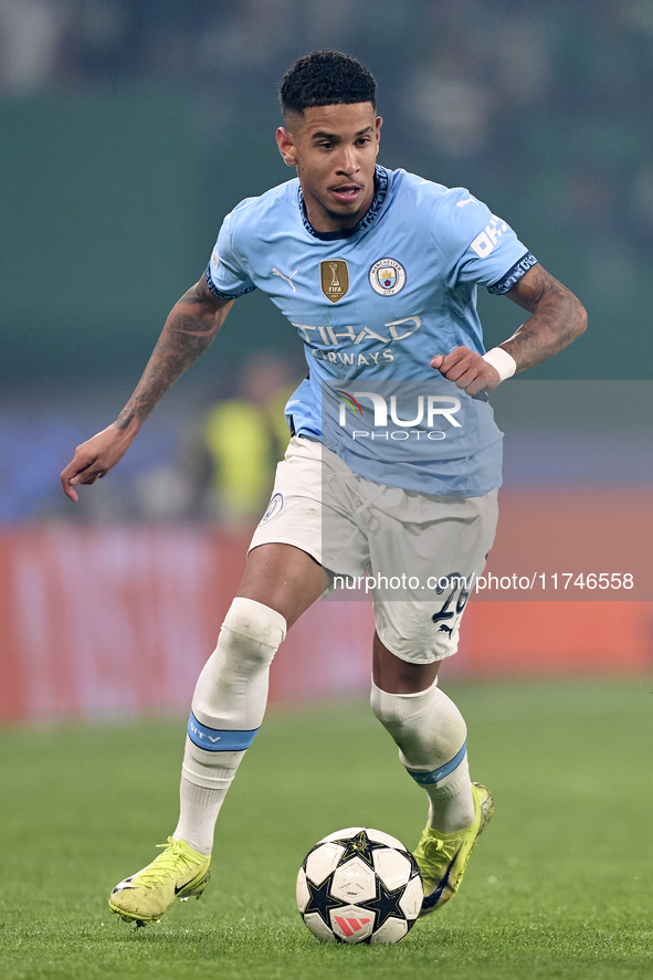 Savinho of Manchester City plays during the UEFA Champions League match between Sporting CP and Manchester City at Jose Alvalade Stadium in...