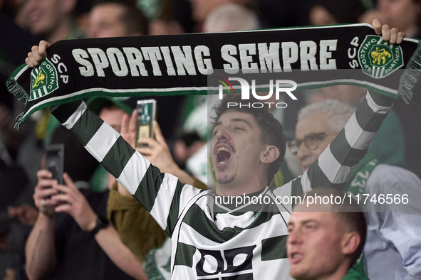 A Sporting CP fan shows support during the UEFA Champions League match between Sporting CP and Manchester City at Jose Alvalade Stadium in L...