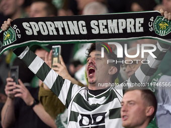 A Sporting CP fan shows support during the UEFA Champions League match between Sporting CP and Manchester City at Jose Alvalade Stadium in L...