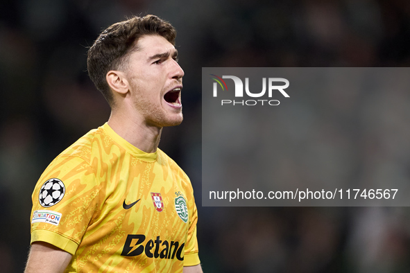 Franco Israel of Sporting CP celebrates after Maxi Araujo (not in frame) scores their side's second goal during the UEFA Champions League ma...