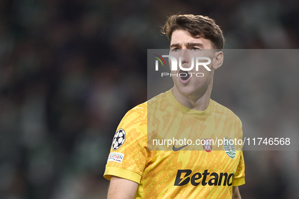 Franco Israel of Sporting CP celebrates after Maxi Araujo (not in frame) scores their side's second goal during the UEFA Champions League ma...