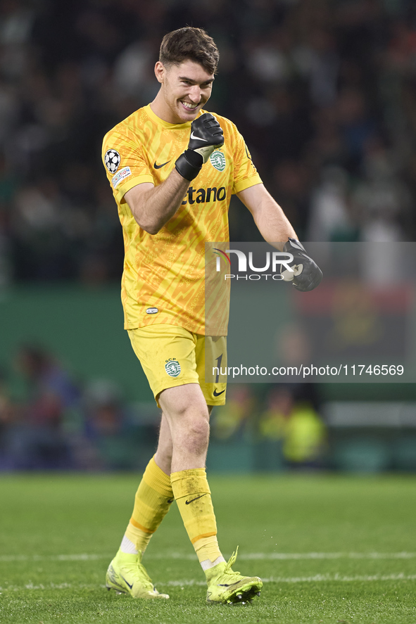 Franco Israel of Sporting CP celebrates after Maxi Araujo (not in frame) scores their side's second goal during the UEFA Champions League ma...