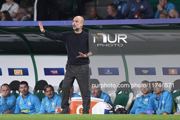 Pep Guardiola, Head Coach of Manchester City, reacts during the UEFA Champions League match between Sporting CP and Manchester City at Jose...