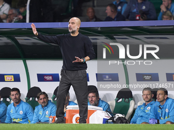 Pep Guardiola, Head Coach of Manchester City, reacts during the UEFA Champions League match between Sporting CP and Manchester City at Jose...