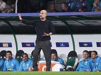 Pep Guardiola, Head Coach of Manchester City, reacts during the UEFA Champions League match between Sporting CP and Manchester City at Jose...