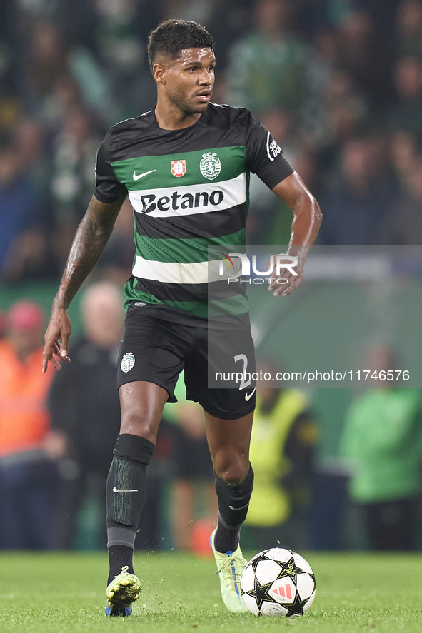 Matheus Reis of Sporting CP plays during the UEFA Champions League match between Sporting CP and Manchester City at Jose Alvalade Stadium in...