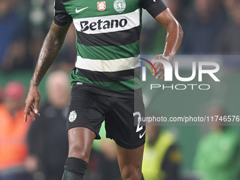 Matheus Reis of Sporting CP plays during the UEFA Champions League match between Sporting CP and Manchester City at Jose Alvalade Stadium in...