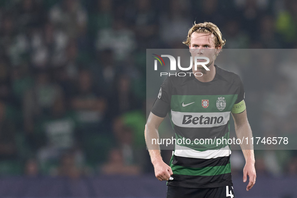 Morten Hjulmand of Sporting CP reacts during the UEFA Champions League match between Sporting CP and Manchester City at Jose Alvalade Stadiu...