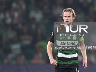 Morten Hjulmand of Sporting CP reacts during the UEFA Champions League match between Sporting CP and Manchester City at Jose Alvalade Stadiu...