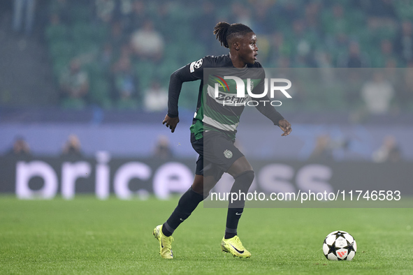 Geovany Quenda of Sporting CP plays during the UEFA Champions League match between Sporting CP and Manchester City at Jose Alvalade Stadium...