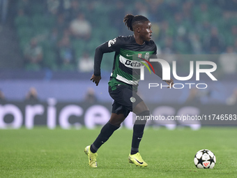 Geovany Quenda of Sporting CP plays during the UEFA Champions League match between Sporting CP and Manchester City at Jose Alvalade Stadium...