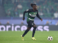 Geovany Quenda of Sporting CP plays during the UEFA Champions League match between Sporting CP and Manchester City at Jose Alvalade Stadium...