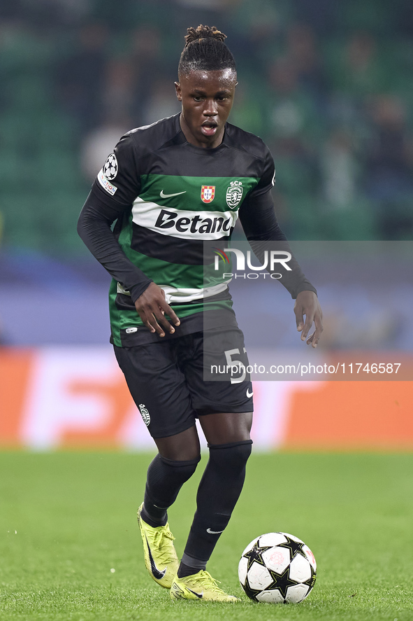 Geovany Quenda of Sporting CP plays during the UEFA Champions League match between Sporting CP and Manchester City at Jose Alvalade Stadium...