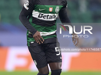 Geovany Quenda of Sporting CP plays during the UEFA Champions League match between Sporting CP and Manchester City at Jose Alvalade Stadium...