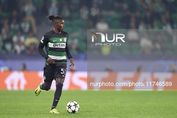 Geovany Quenda of Sporting CP plays during the UEFA Champions League match between Sporting CP and Manchester City at Jose Alvalade Stadium...