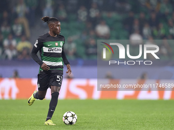 Geovany Quenda of Sporting CP plays during the UEFA Champions League match between Sporting CP and Manchester City at Jose Alvalade Stadium...