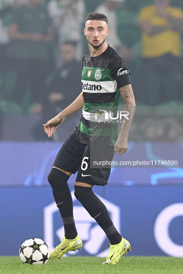 Zeno Debast of Sporting CP plays during the UEFA Champions League match between Sporting CP and Manchester City at Jose Alvalade Stadium in...