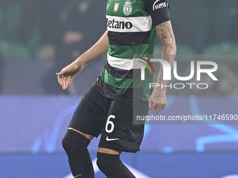 Zeno Debast of Sporting CP plays during the UEFA Champions League match between Sporting CP and Manchester City at Jose Alvalade Stadium in...