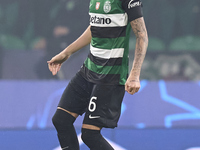 Zeno Debast of Sporting CP plays during the UEFA Champions League match between Sporting CP and Manchester City at Jose Alvalade Stadium in...