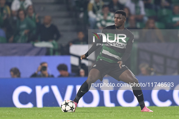 Ousmane Diomande of Sporting CP is in action during the UEFA Champions League match between Sporting CP and Manchester City at Jose Alvalade...