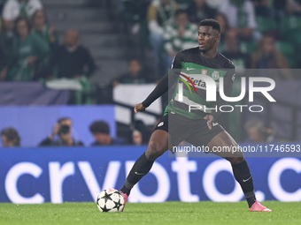 Ousmane Diomande of Sporting CP is in action during the UEFA Champions League match between Sporting CP and Manchester City at Jose Alvalade...