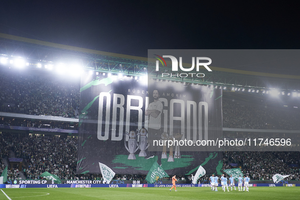 A banner in appreciation of Ruben Amorim, Head Coach of Sporting CP, is displayed before the UEFA Champions League match between Sporting CP...