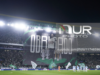 A banner in appreciation of Ruben Amorim, Head Coach of Sporting CP, is displayed before the UEFA Champions League match between Sporting CP...