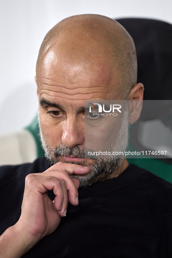 Pep Guardiola, Head Coach of Manchester City, reacts before the UEFA Champions League match between Sporting CP and Manchester City at Jose...