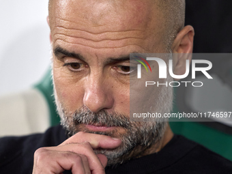 Pep Guardiola, Head Coach of Manchester City, reacts before the UEFA Champions League match between Sporting CP and Manchester City at Jose...